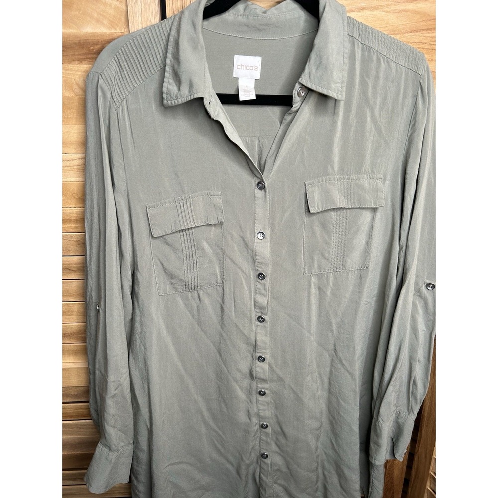 Chico's Olive Button-Up Microfiber Shirt size 1, M 1, Fresh Fabric Women's Shirt
